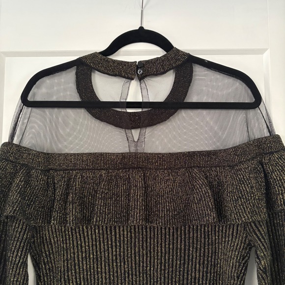 Venus Black Gold Metallic Mesh Ruffle Off Shoulder Long Sleeve Dress XL New Year - Picture 7 of 16